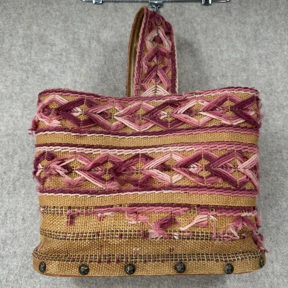 VTG Handmade Burlap Yarn Embroidered Tote Bag Geometric Stitched Pink Brown Boho - Picture 5 of 16